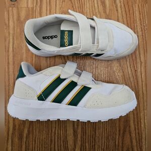 ADIDAS KID'S WHITE AND‎ DARK GREEN SNEAKERS WITH YELLOW STRIPER ZISE 1